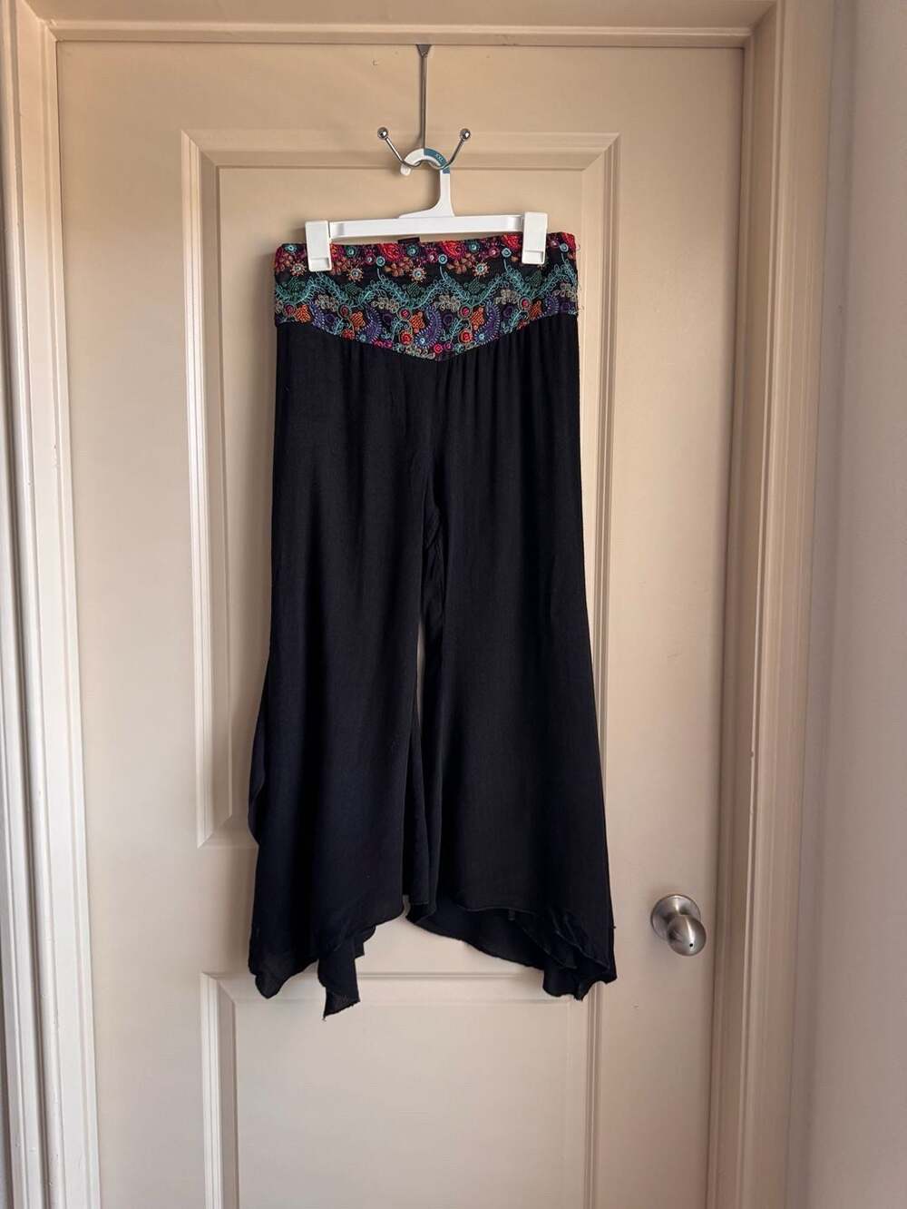 Aller Simplement Black Embroidered Waistband  Wide Leg Pants L/XL